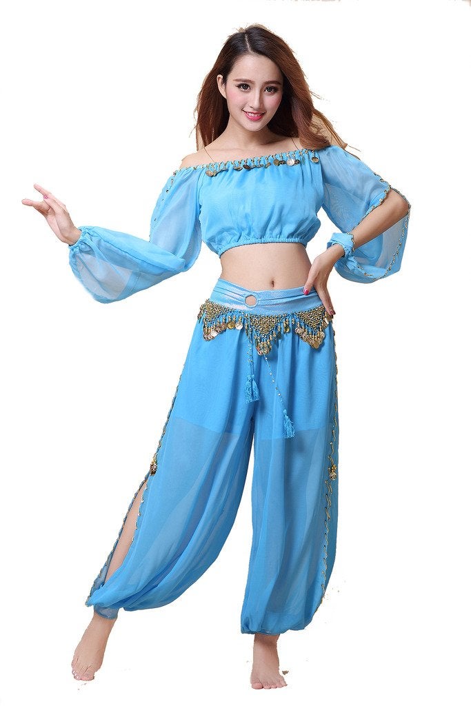ZLTdream Belly Dance Chiffon Long Sleeves Top and Lantern Coins Pants Light Blue - Image 1